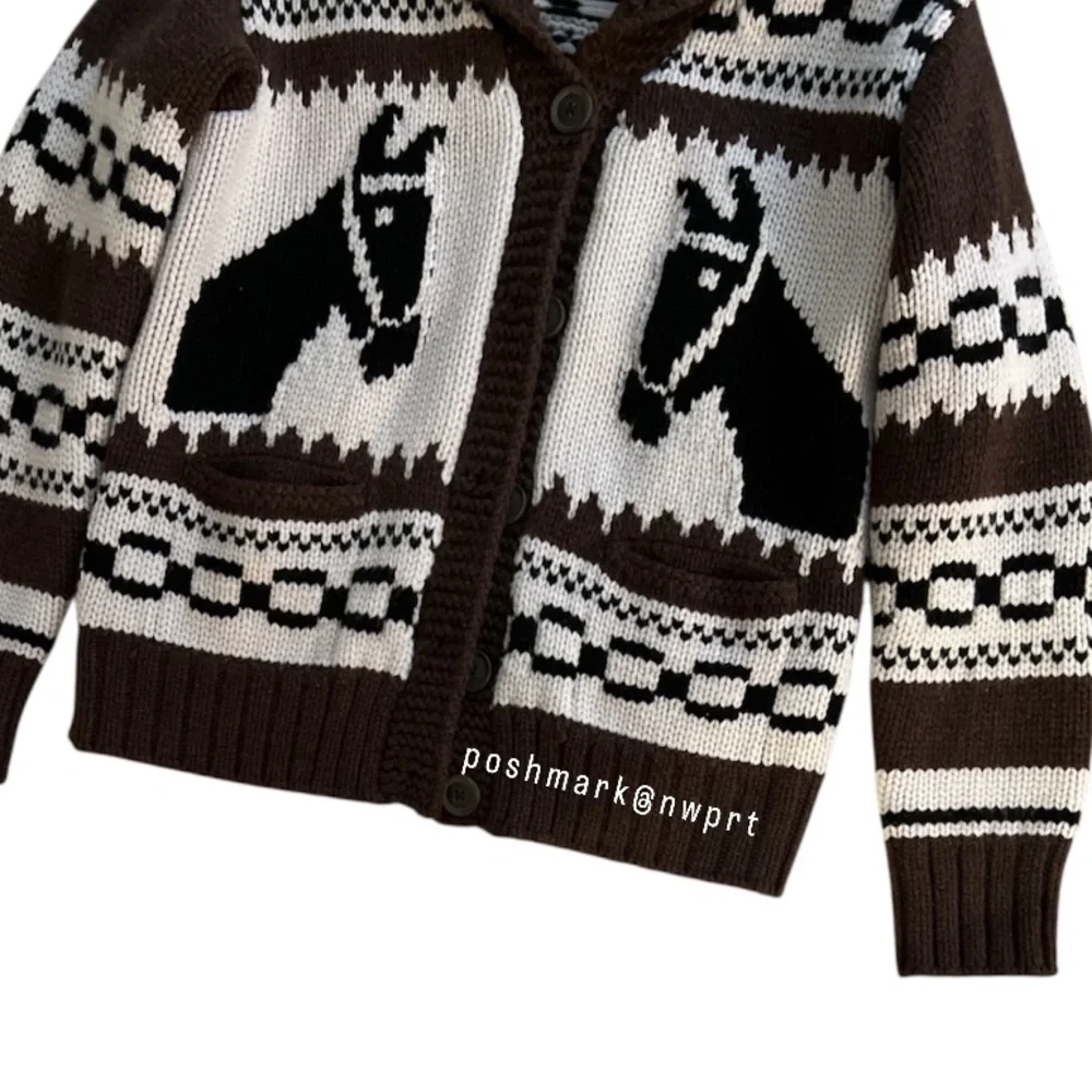 Naked Cashmere ๐ด Ryder Cardigan Intarsia Knit Sweater Horse Pony Brown Black XS - Picture 6 of 13